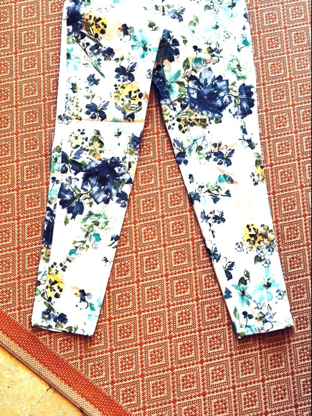 White Floral Straight-Leg Jeans with Blue & Green Print